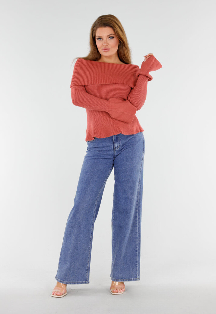 Terracotta Off Shoulder Gebreide Trui met Uitlopende Mouwen