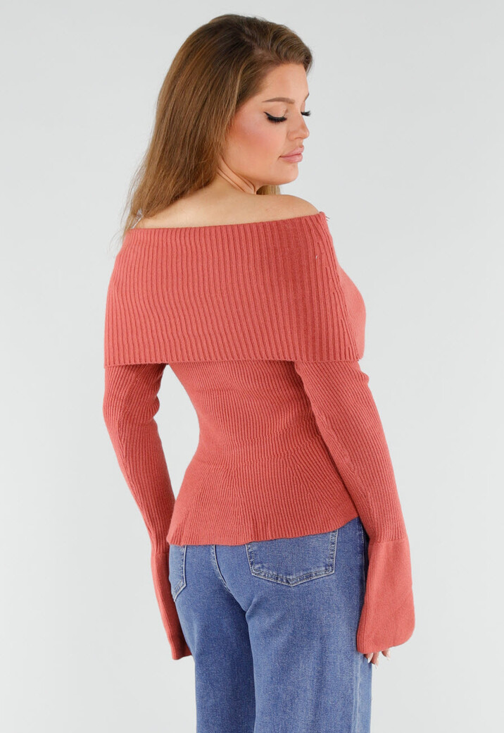 Terracotta Off Shoulder Gebreide Trui met Uitlopende Mouwen