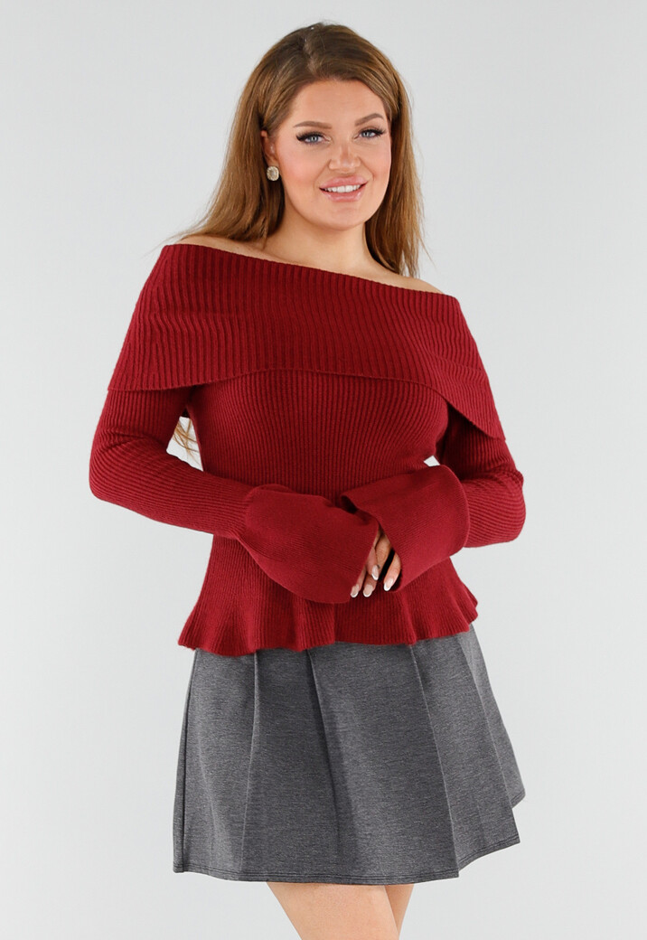 Rode Off Shoulder Gebreide Trui met Uitlopende Mouwen