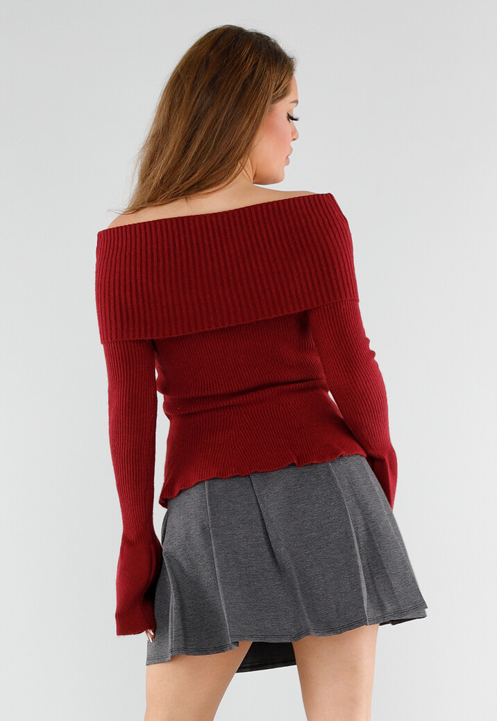 Rode Off Shoulder Gebreide Trui met Uitlopende Mouwen