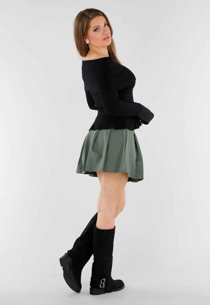 Zwarte Off Shoulder Gebreide Trui met Uitlopende Mouwen