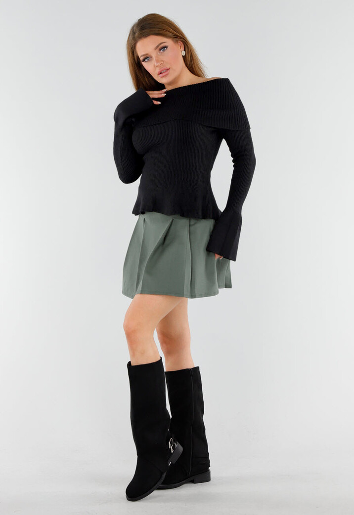 Zwarte Off Shoulder Gebreide Trui met Uitlopende Mouwen