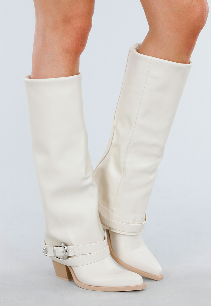 Witte Laarzen met Houten Hak en Zilveren Gespdetail