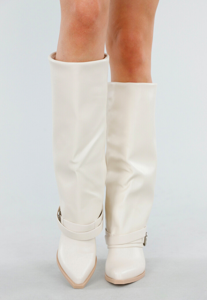 Witte Laarzen met Houten Hak en Zilveren Gespdetail