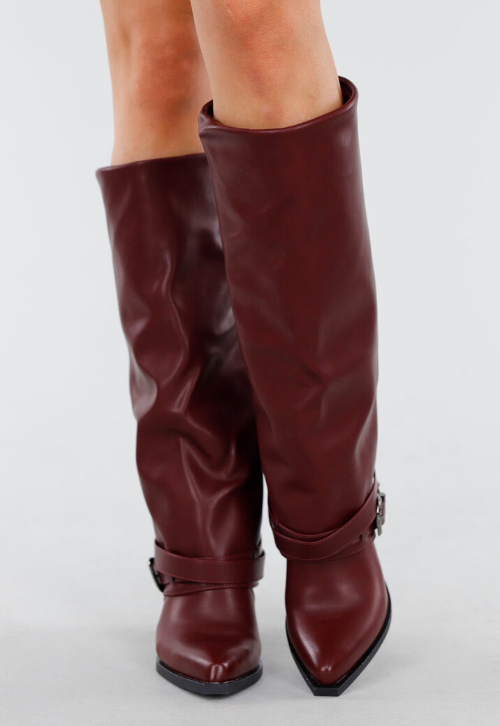Bordeaux Kniehoge Laarzen met Vierkante Neus en Gesp