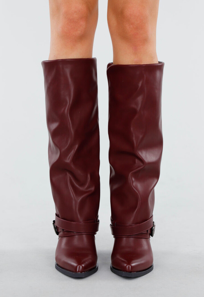 Bordeaux Kniehoge Laarzen met Vierkante Neus en Gesp