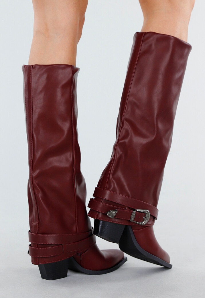 Bordeaux Kniehoge Laarzen met Vierkante Neus en Gesp