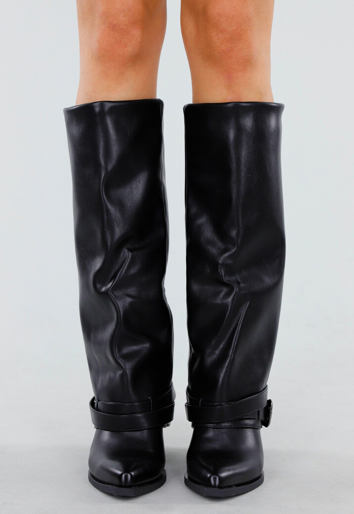 Zwarte Laarzen met Lage Hak en Zilveren Gespdetail