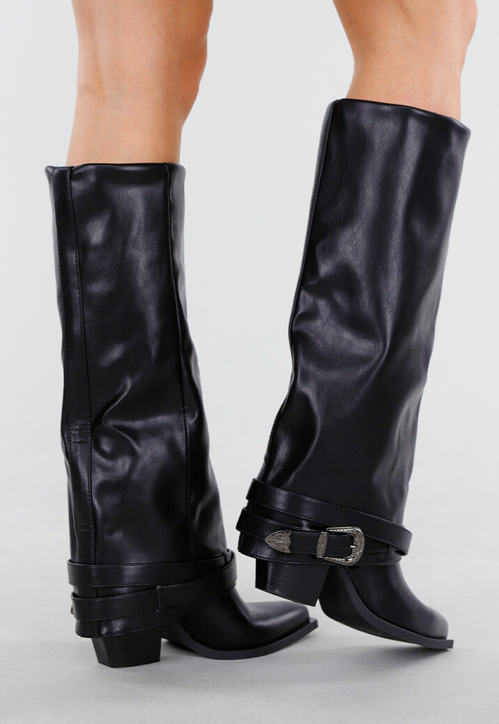 Zwarte Laarzen met Lage Hak en Zilveren Gespdetail