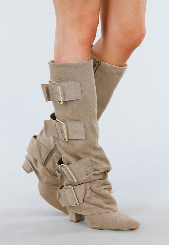 Beige Suèdelook Laarzen met Brede Gespsluitingen