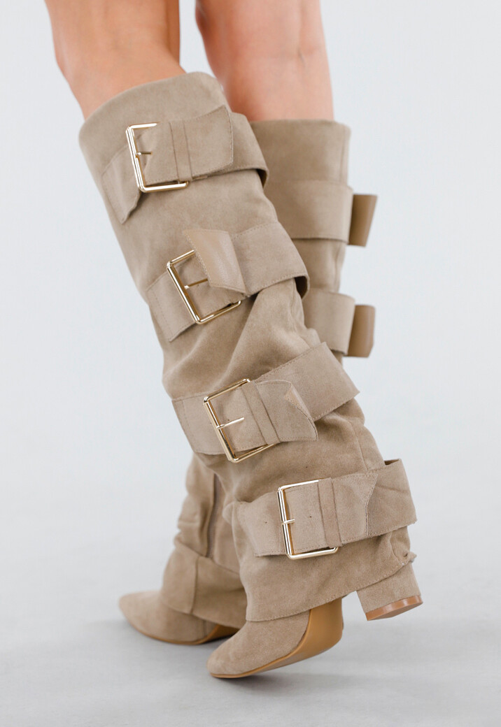 Beige Suèdelook Laarzen met Brede Gespsluitingen