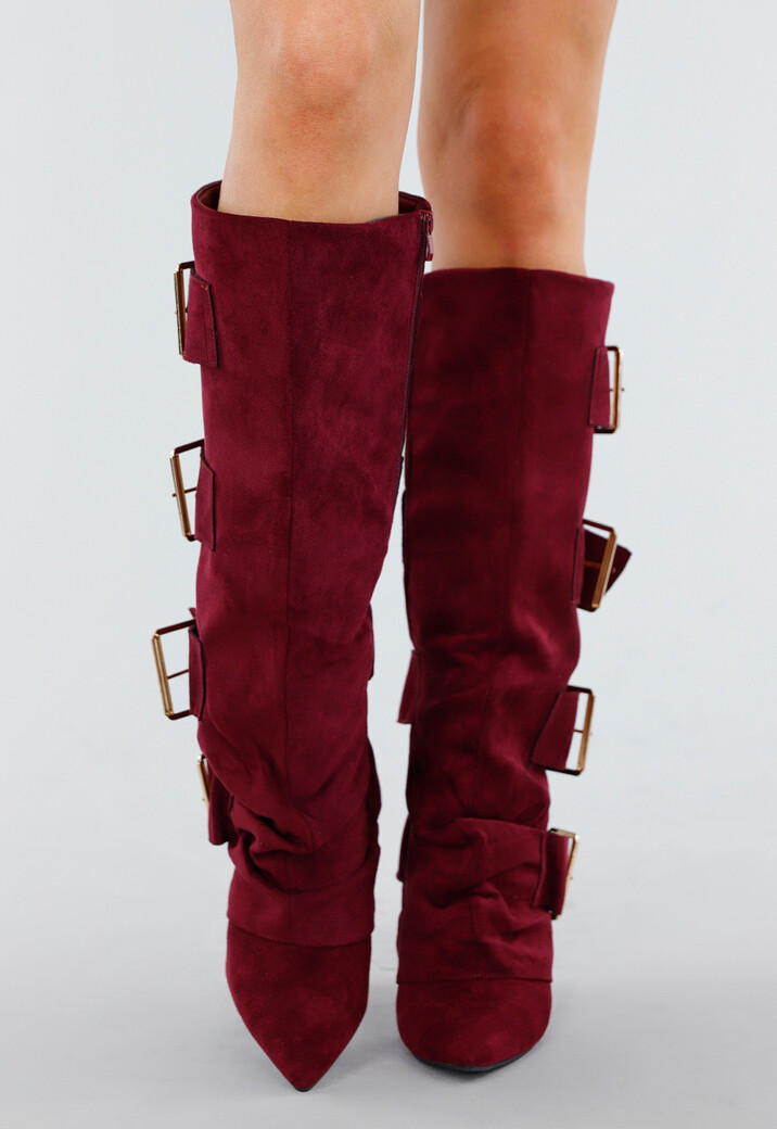 Bordeaux Suèdelook Laarzen met Brede Gespsluitingen