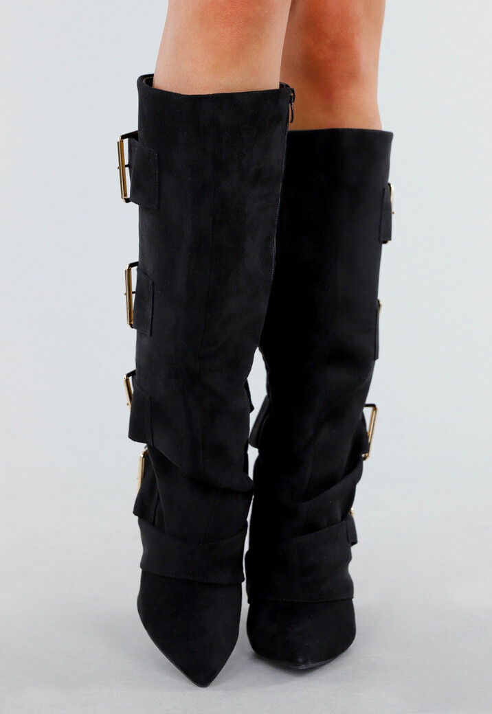 Zwarte Suèdelook Laarzen met Brede Gespsluitingen