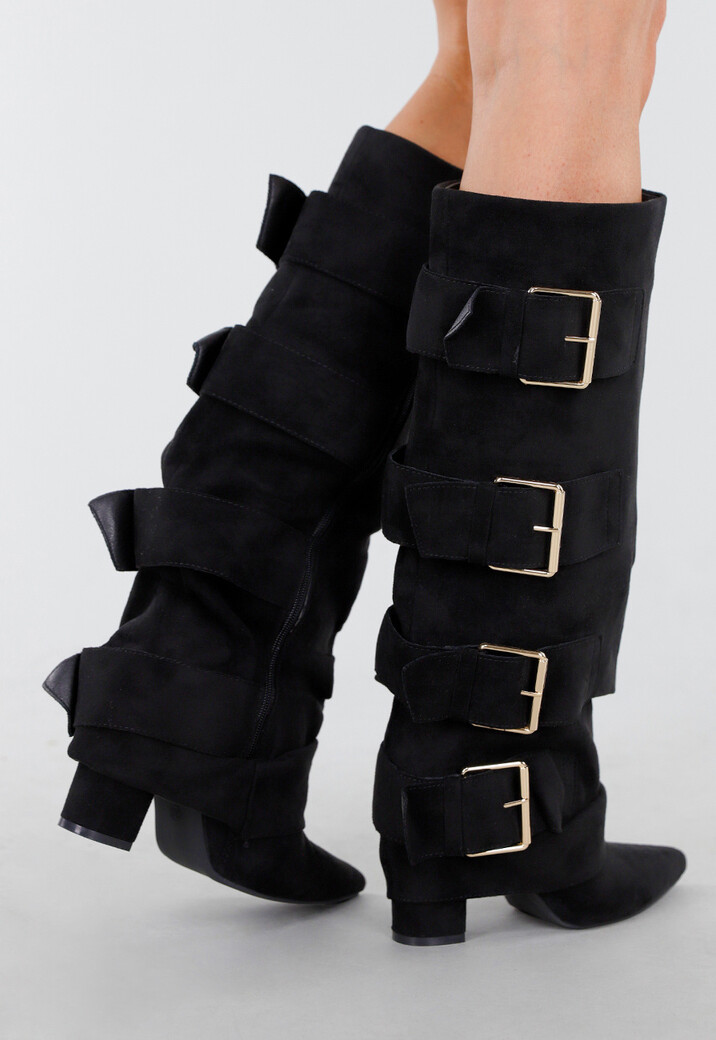 Zwarte Suèdelook Laarzen met Brede Gespsluitingen