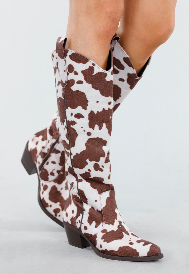 Koeienprint Cowboylaarzen in Bruin-Wit met Lage Hak