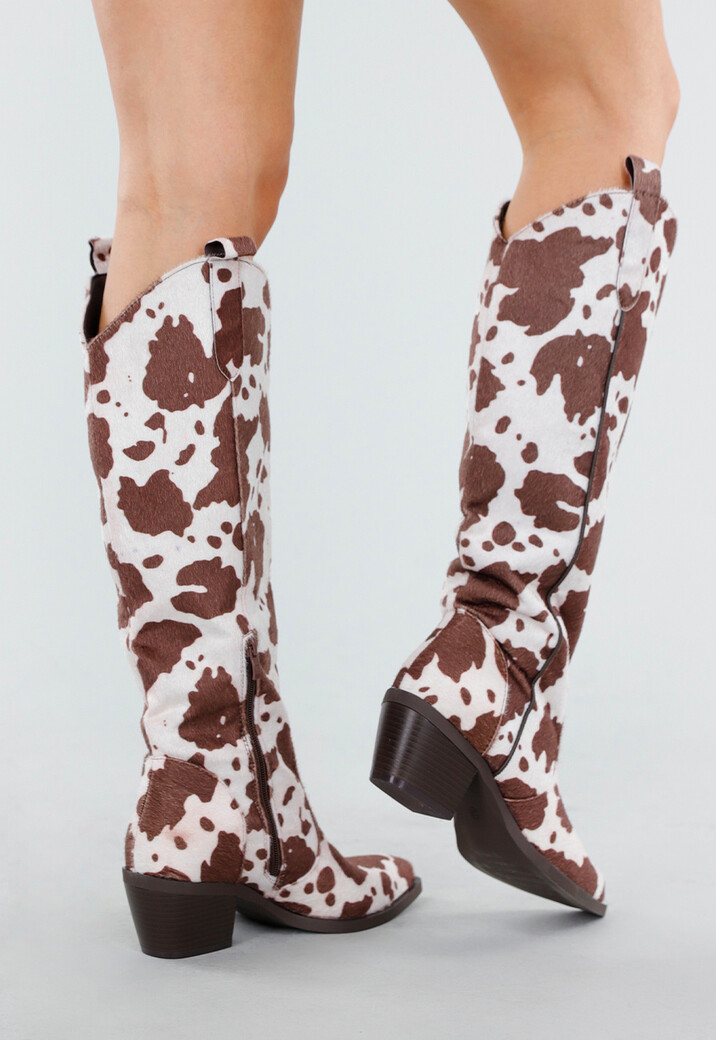 Koeienprint Cowboylaarzen in Bruin-Wit met Lage Hak