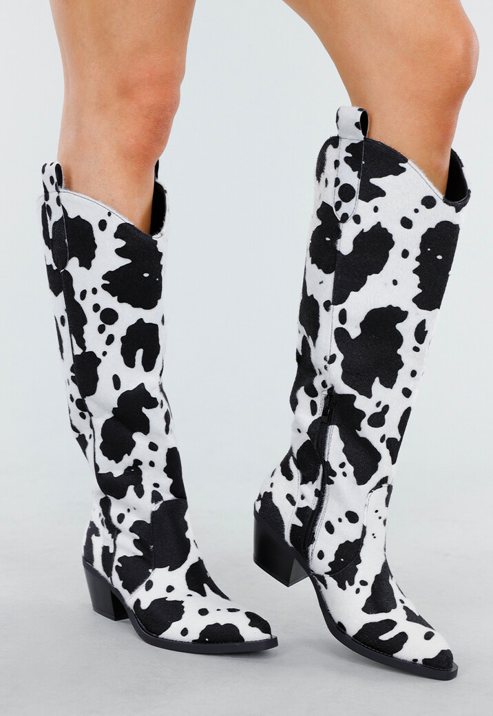 Koeienprint Cowboylaarzen in Zwart-Wit met Lage Hak