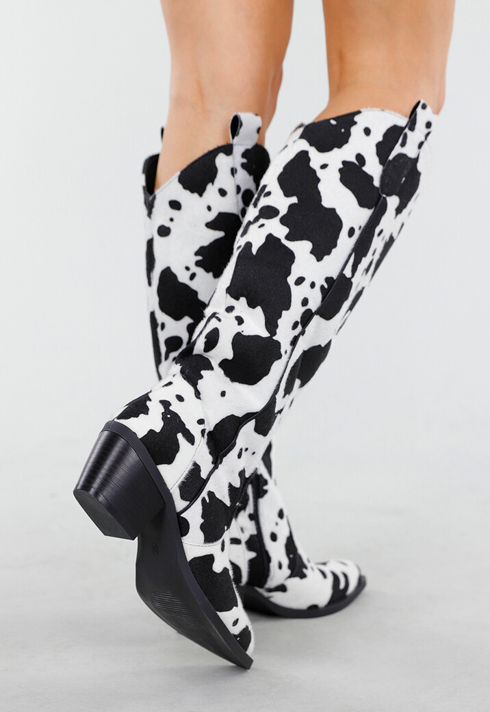 Koeienprint Cowboylaarzen in Zwart-Wit met Lage Hak