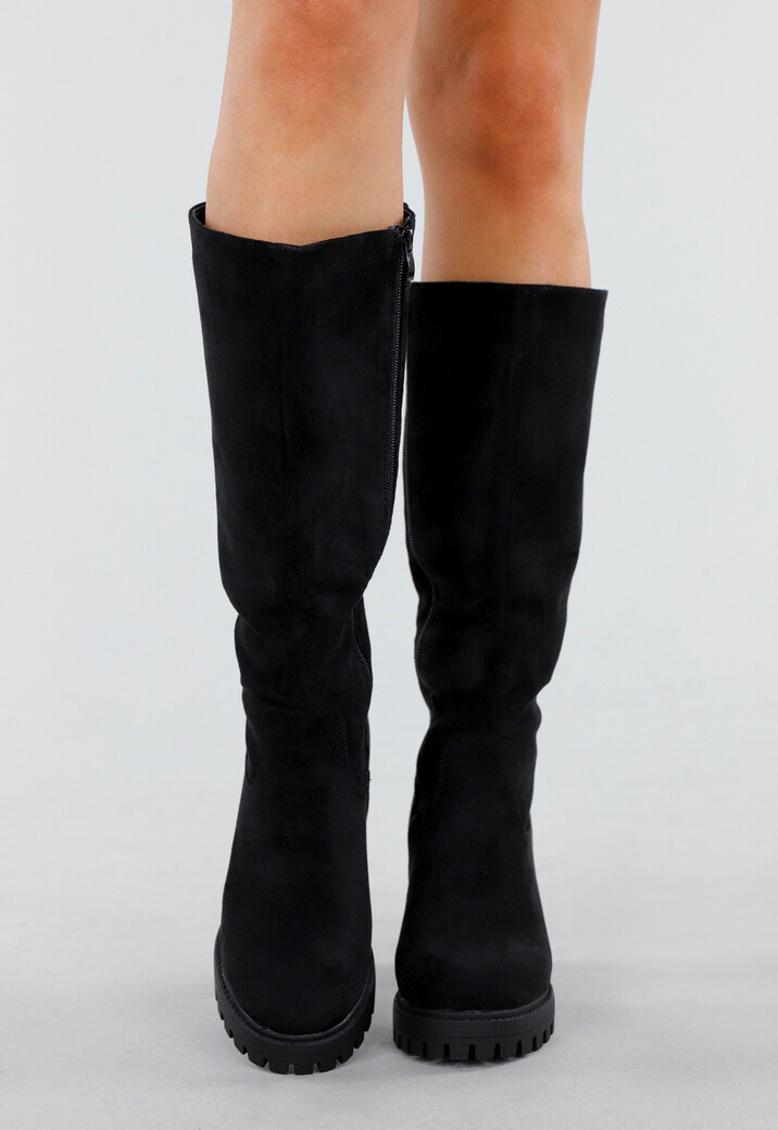 Zwarte Hoge Laarzen met Blokhak en Profielzool