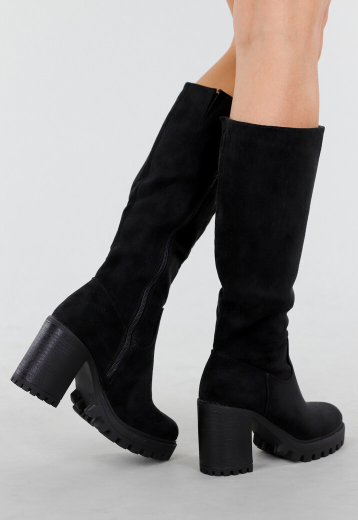 Zwarte Hoge Laarzen met Blokhak en Profielzool