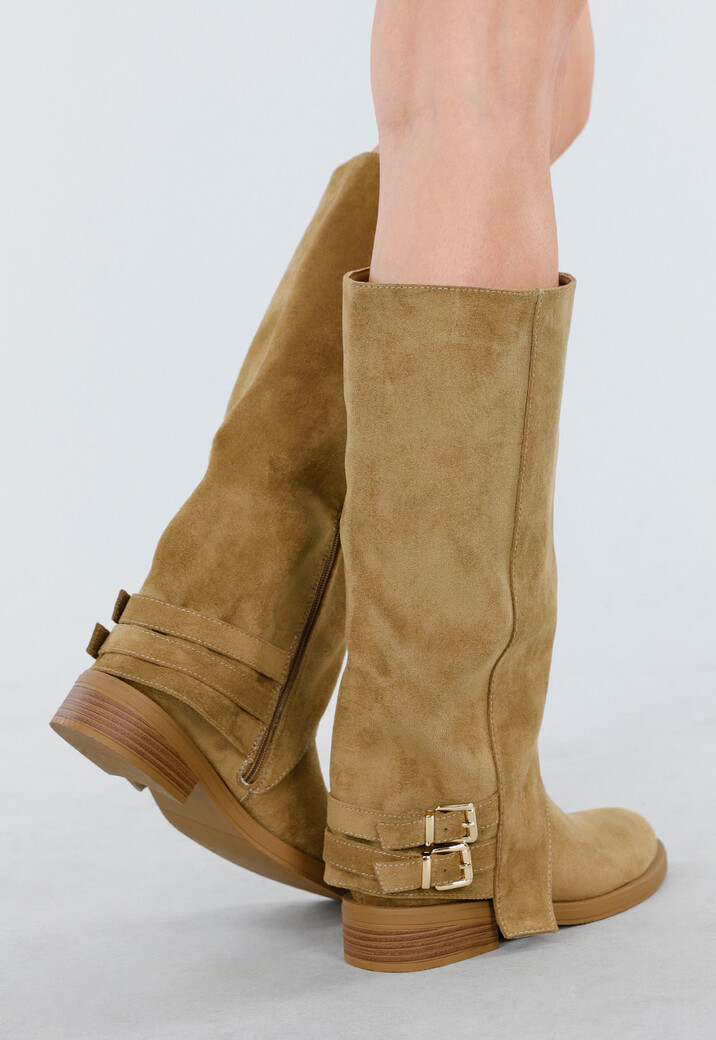 Khaki Hoge Laarzen met Gespdetail en Lage Hak