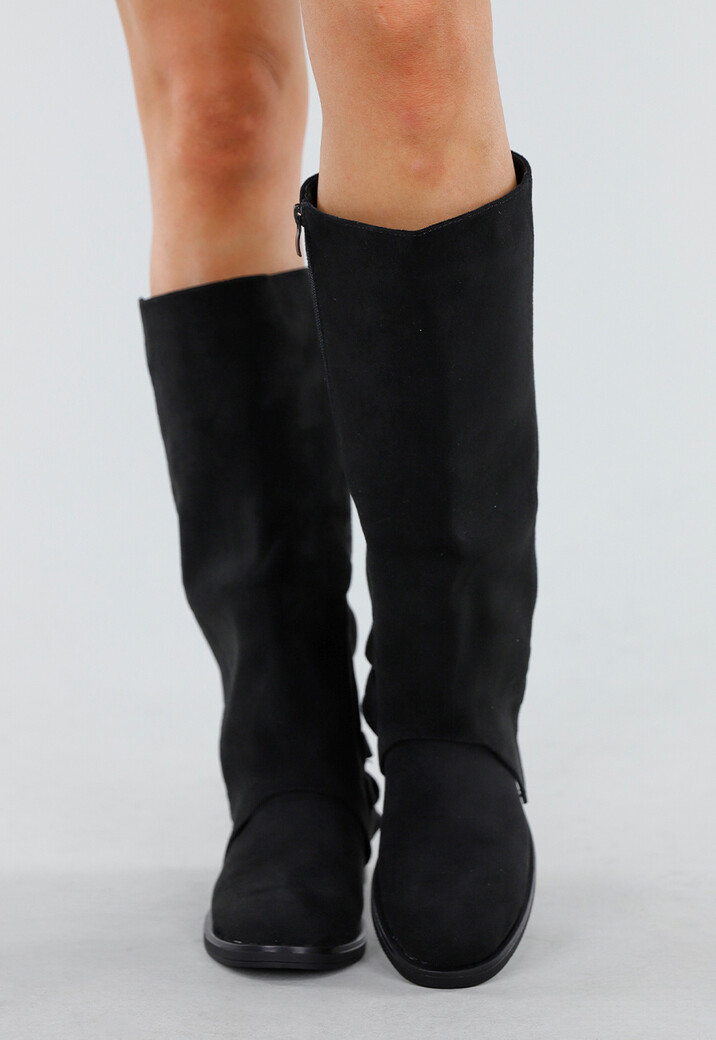 Zwarte Hoge Laarzen met Gespdetail en Lage Hak