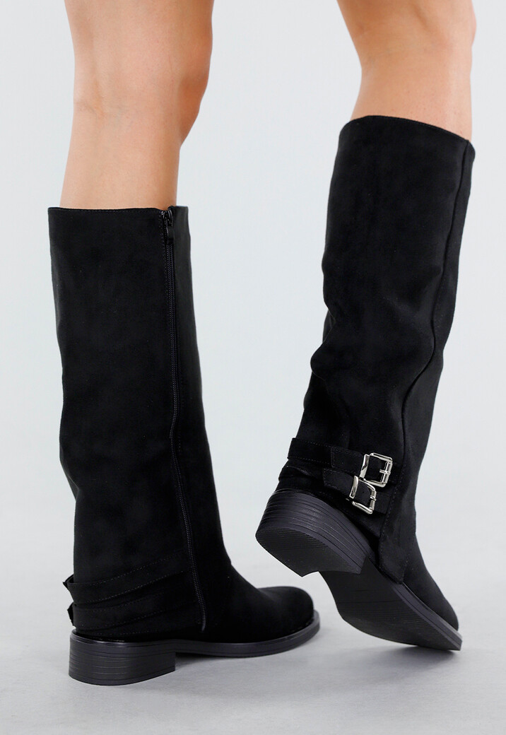 Zwarte Hoge Laarzen met Gespdetail en Lage Hak