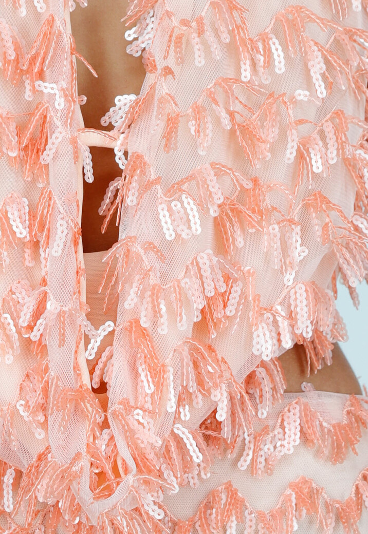 Perzikkleurige 2-Piece Met Pailletten En Halterhals