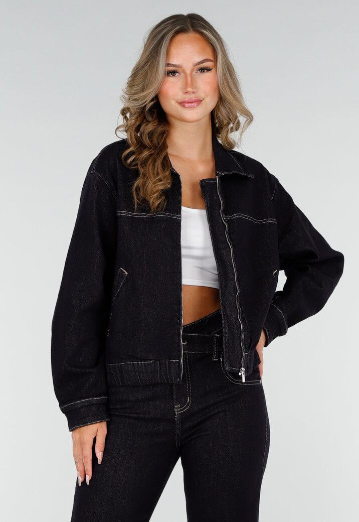 Donkerblauwe Denim Jas met Rits, Kraag en Elastische Zoom