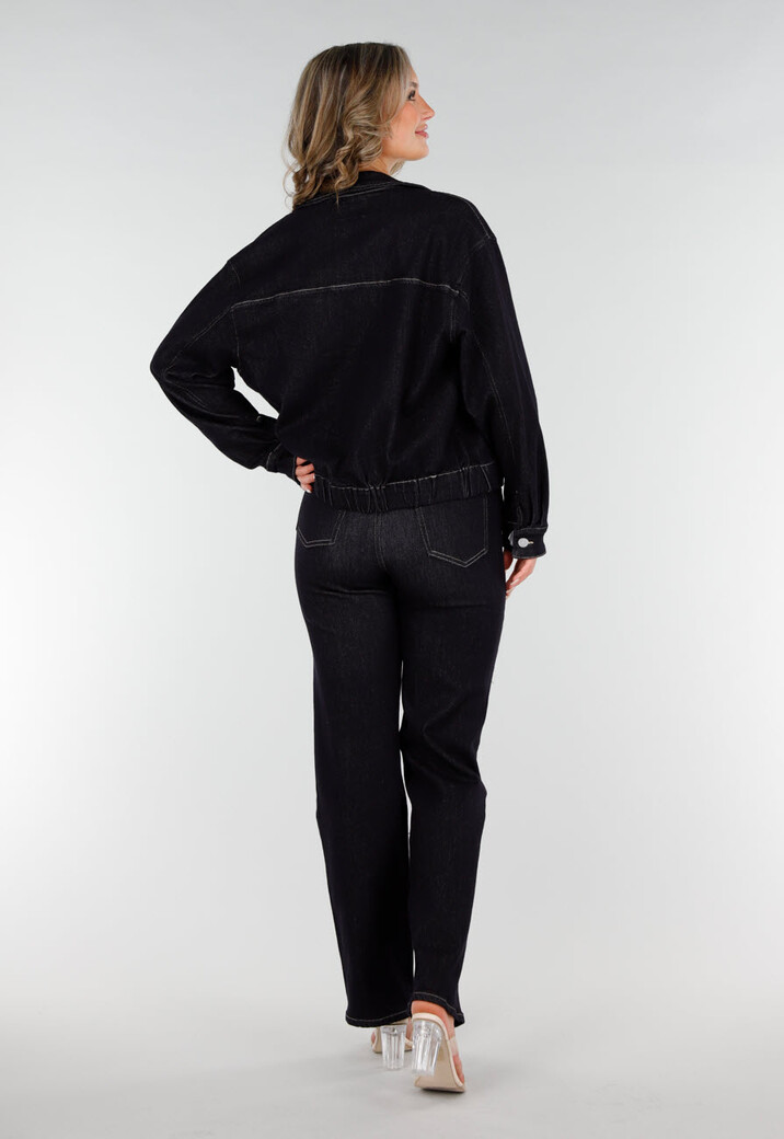 Donkerblauwe Denim Jas met Rits, Kraag en Elastische Zoom