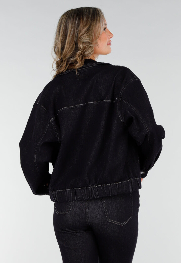 Donkerblauwe Denim Jas met Rits, Kraag en Elastische Zoom