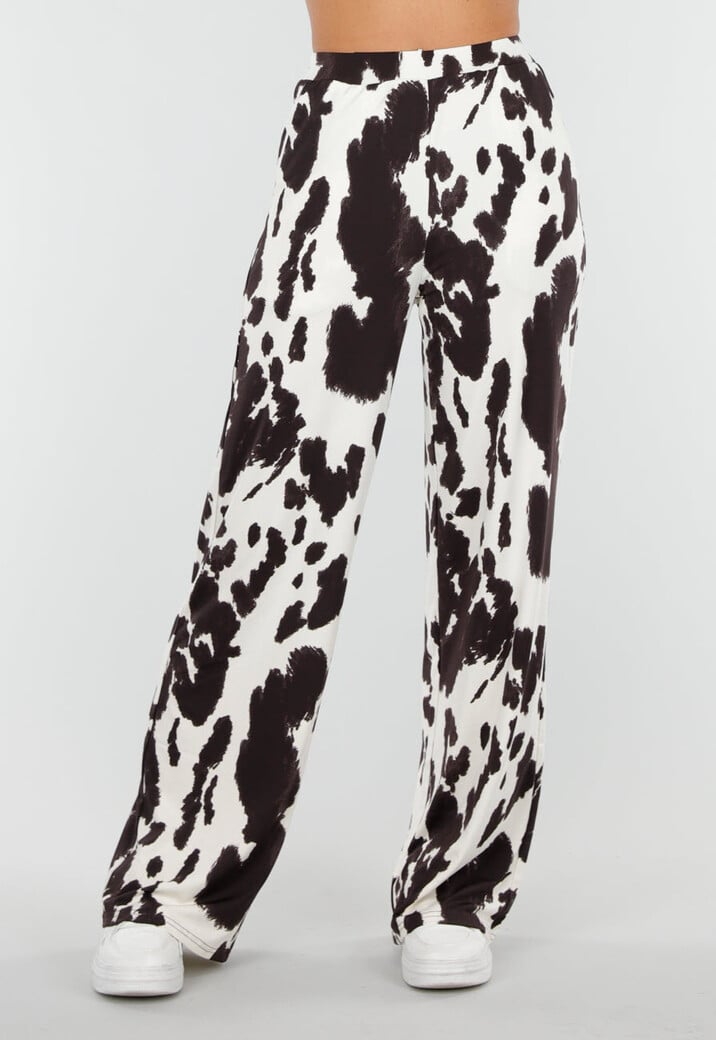 Bruin-Witte Stretchbroek met Koeienprint en Rechte Pijpen