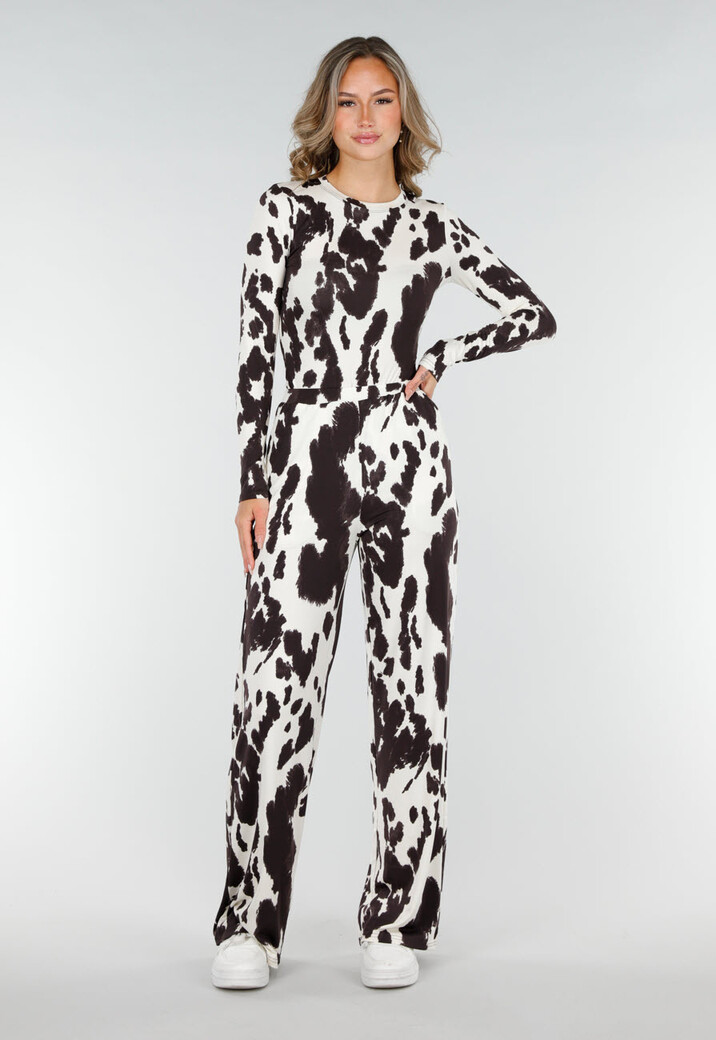 Bruin-Witte Stretchbroek met Koeienprint en Rechte Pijpen