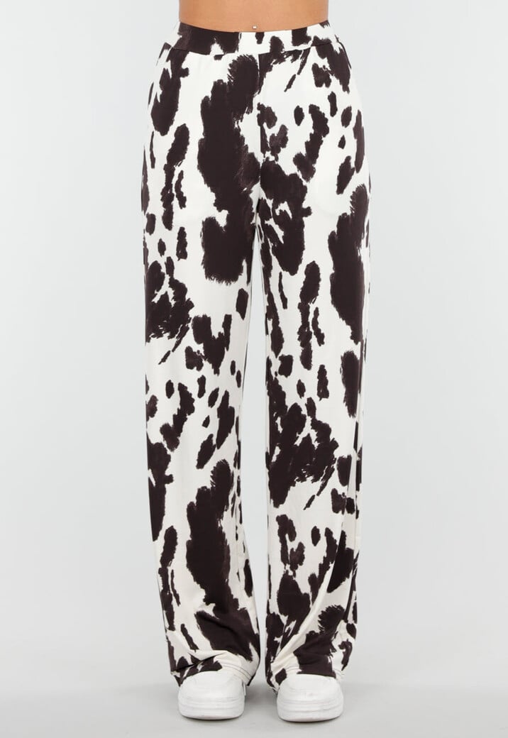 Bruin-Witte Stretchbroek met Koeienprint en Rechte Pijpen