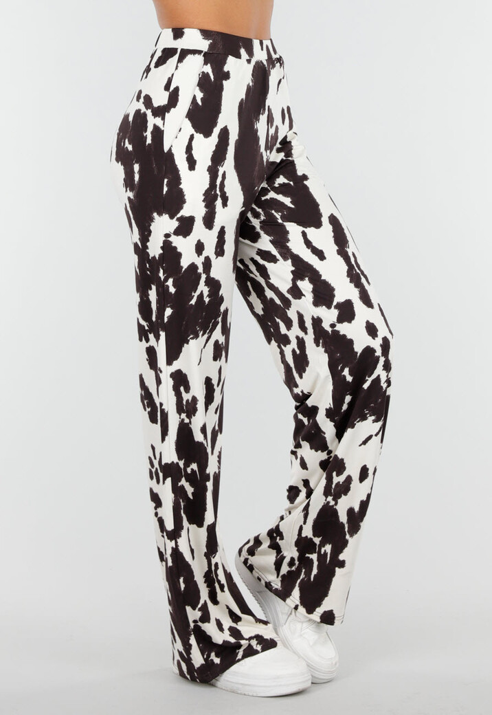 Bruin-Witte Stretchbroek met Koeienprint en Rechte Pijpen