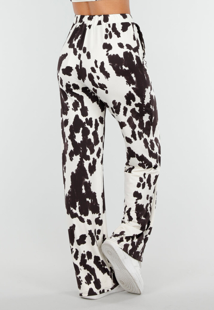 Bruin-Witte Stretchbroek met Koeienprint en Rechte Pijpen