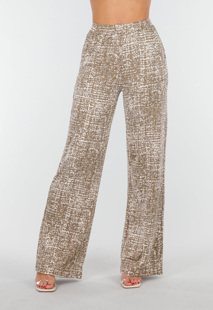 Camelkleurige Stretchbroek met All-Over Print en Rechte Pijpen