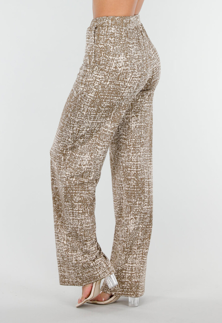 Camelkleurige Stretchbroek met All-Over Print en Rechte Pijpen