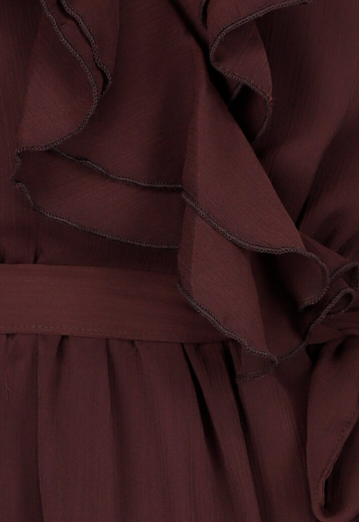 Bruine Wikkeljurk met Ruches, Kant en Strikceintuur
