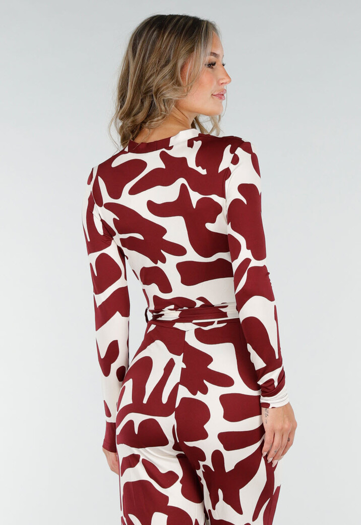 Bordeaux-Witte Stretch Jumpsuit met Print en Strikceintuur