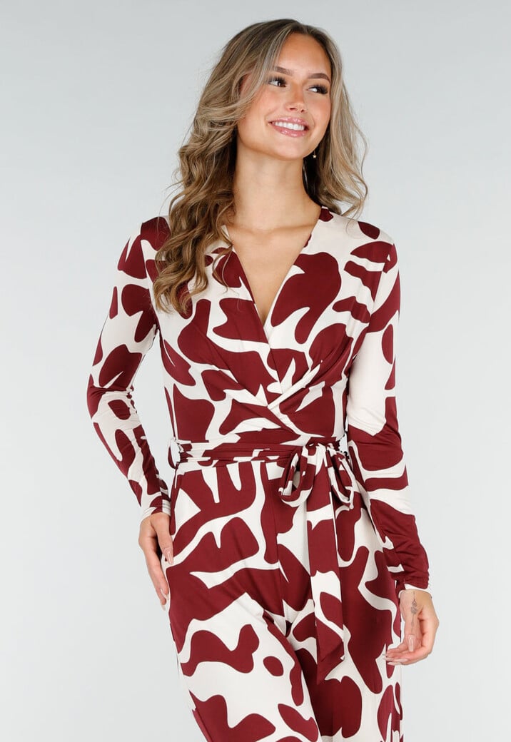 Bordeaux-Witte Stretch Jumpsuit met Print en Strikceintuur