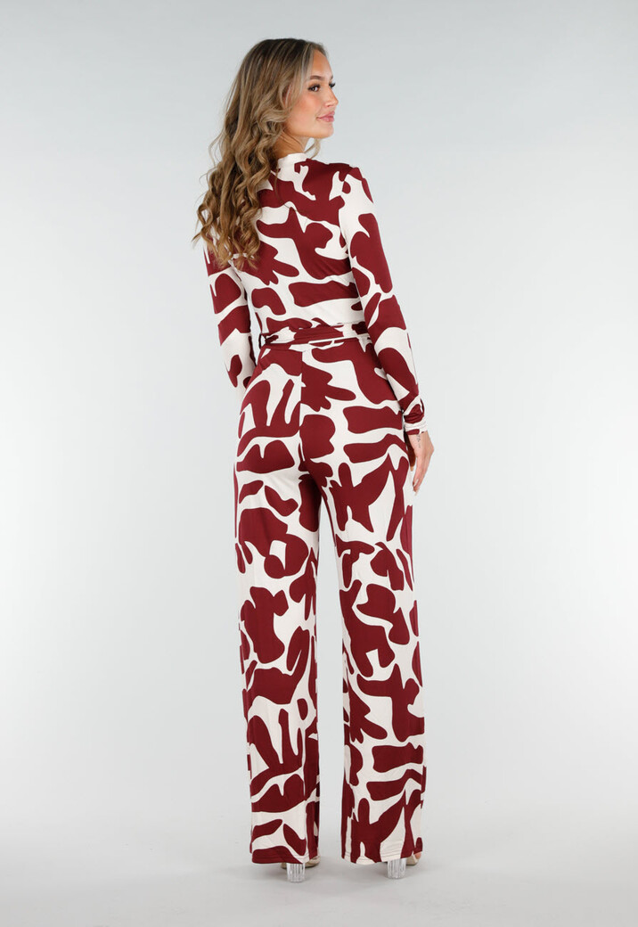Bordeaux-Witte Stretch Jumpsuit met Print en Strikceintuur