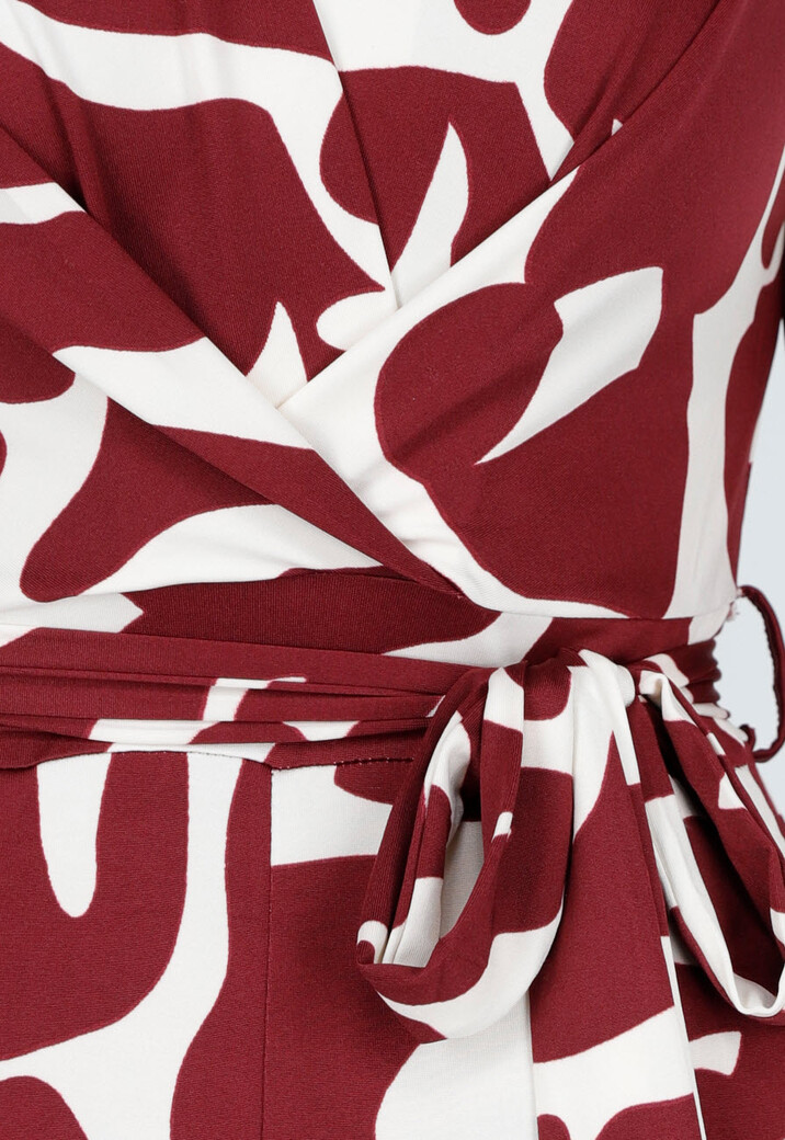 Bordeaux-Witte Stretch Jumpsuit met Print en Strikceintuur