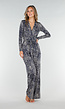 Beige-Blauwe Stretch Jumpsuit met All-Over Print en Strikceintuur