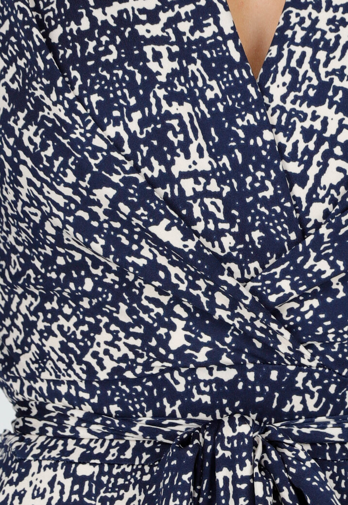 Beige-Blauwe Stretch Jumpsuit met All-Over Print en Strikceintuur