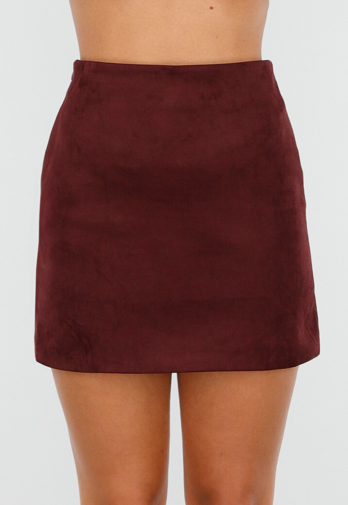 Bordeauxrode Suèdelook Rok in Mini Lengte met Effen Design