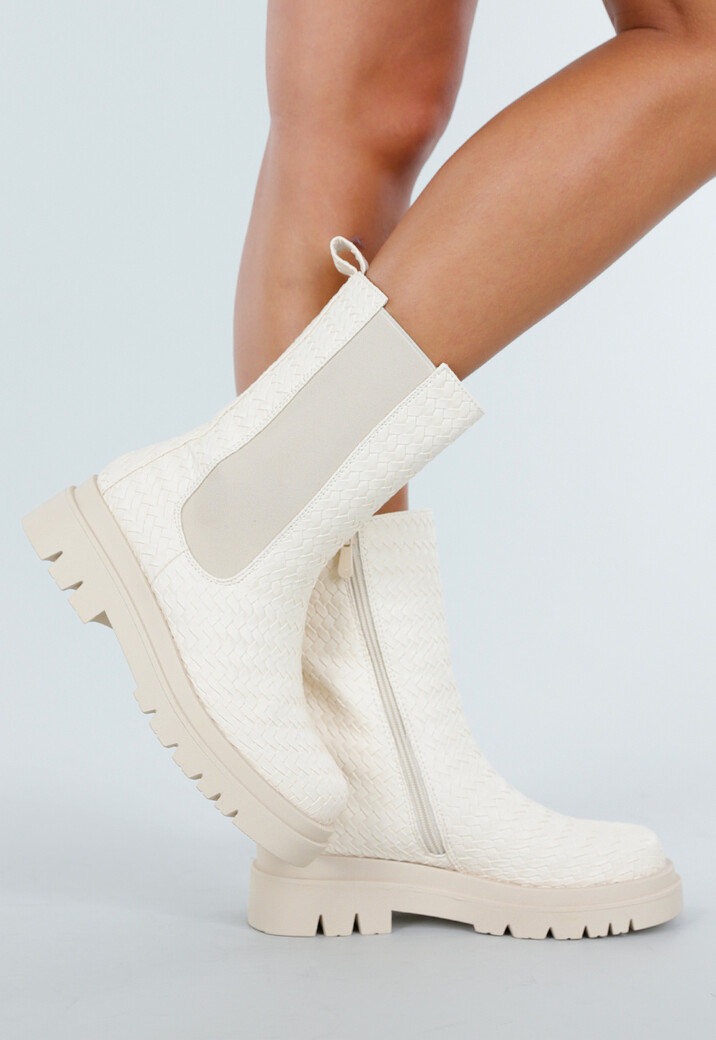 Beige Chelsea Boots met Geweven Detail en Chunky Zool