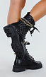 Zwarte Quilted Veterboots met Chunky Zool en Ketting