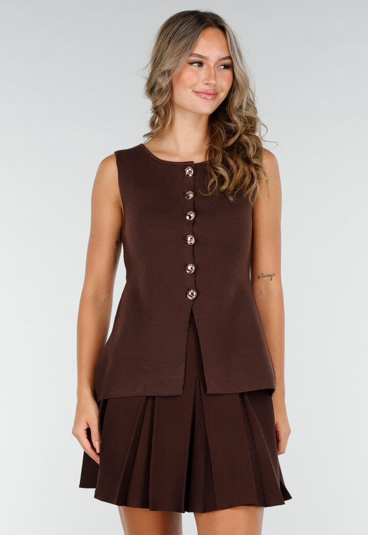 Donkerbruine Mouwloze Top met Gouden Knopen en Split