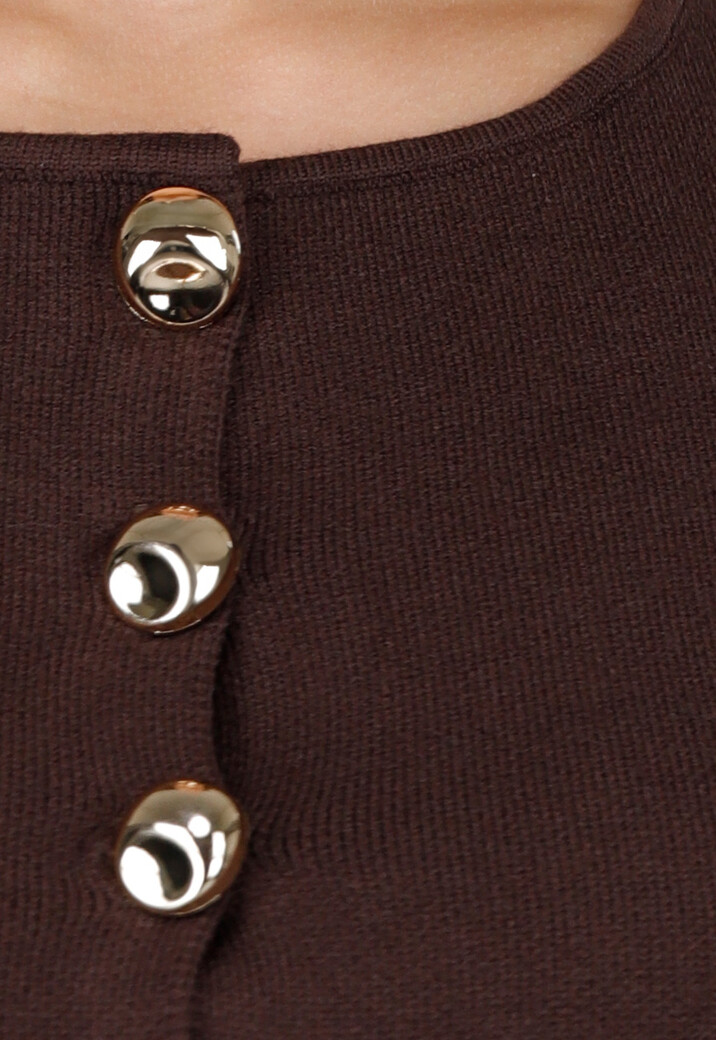 Donkerbruine Mouwloze Top met Gouden Knopen en Split